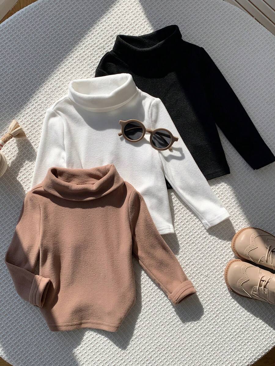 SHEIN 3件組新生兒男嬰秋冬服飾套裝,保暖內裡加厚純色舒適高領長袖套頭上衣多件套 - 彩色 - 查看 1