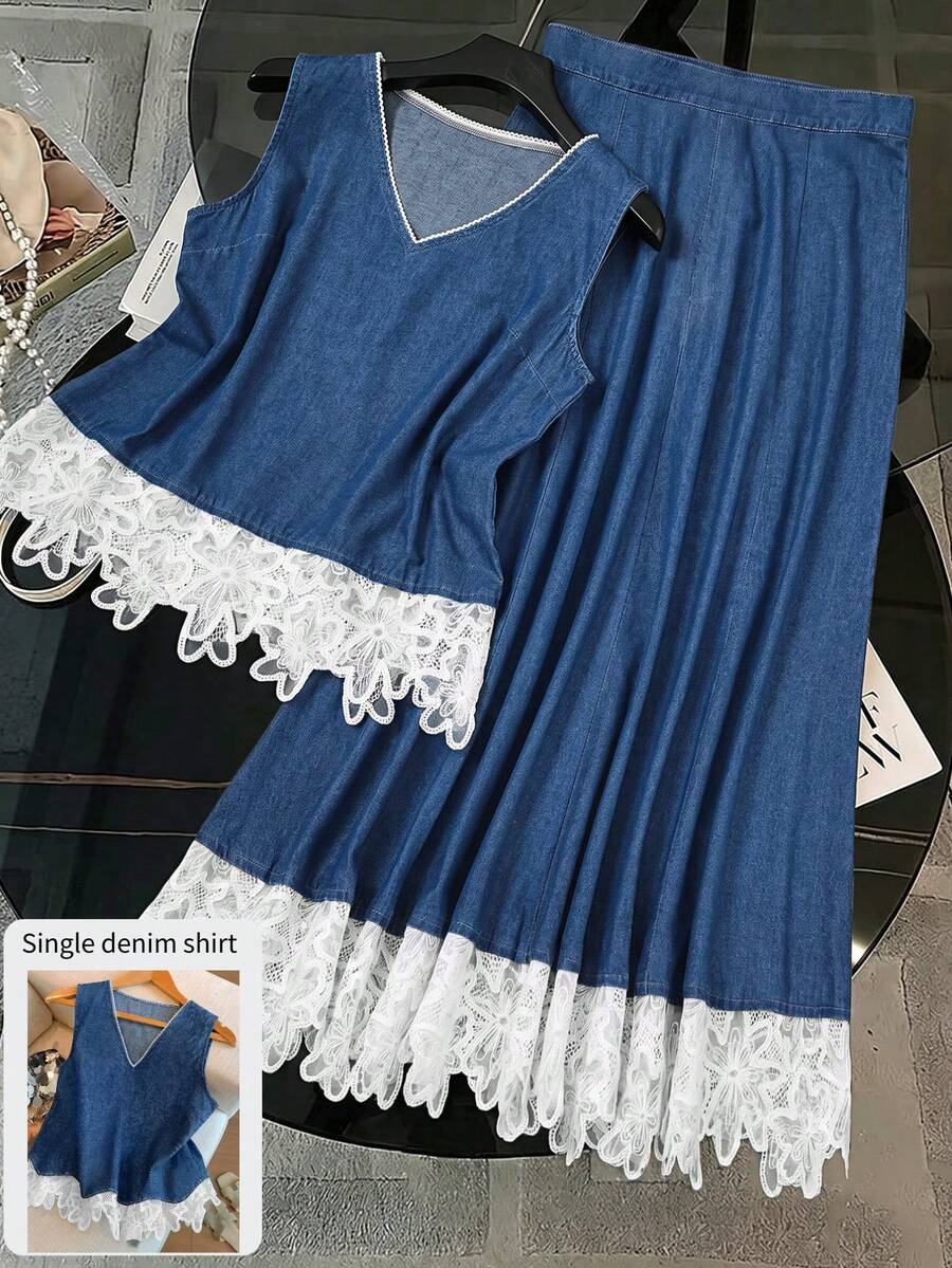 GlowEve Atasan Denim Leher V dengan Patchwork Renda Gaya Jalanan untuk Wanita - Biru - View 1
