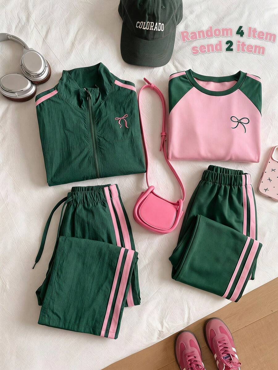 SHEIN Tween Girls New Fashion Grey Round Neck Long Sleeve Top With Wide Leg Pants Bow Decor 2pcs Set, Autumn/Winter - Green - View 1