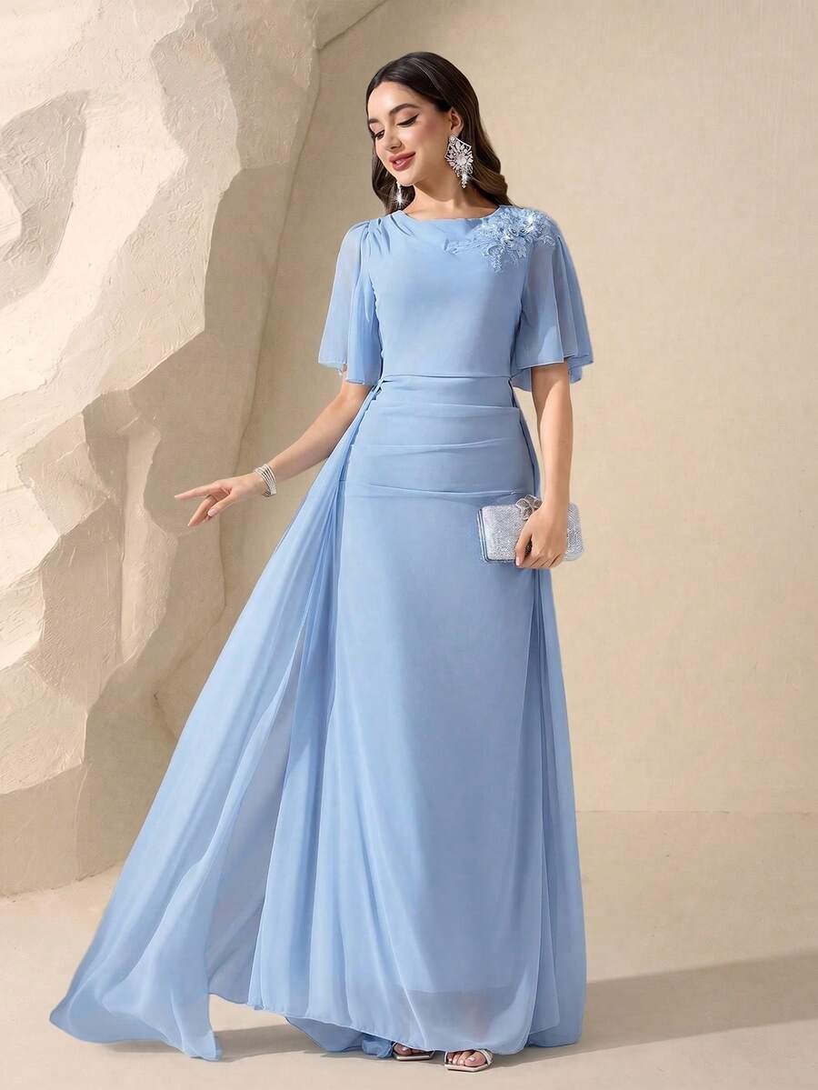 Coutiva 高端礼服,短袖,优雅奢华的派对礼服 - 淺藍色 - 查看 1