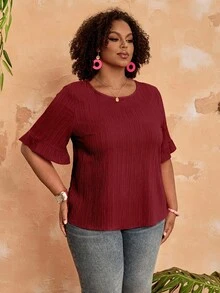 BrightlyHer Blusa de mangas cortas con volantes en el bajo, de talla grande, de estilo sencillo y de moda casual para uso diario y vacaciones, para mujer, primavera/verano - Burdeos - Ver 3