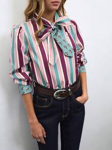 Nöista Striped -Bow Blouse With Contrast Cuffs. Fall, Office Wear, Elegant Style. - Multicolor - View 3
