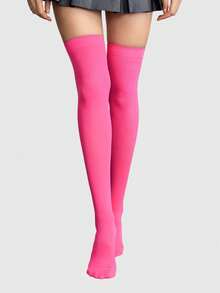 ROMWE Goth 1 Pasang Stoking Selutut Motif Mawar Punk Gelap Halloween - Hot Pink - View 2