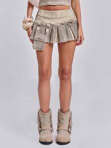 ROMWE Rok Denim Lipit Model A-Line Gaya Grunge Y2K Musim Panas - Khaki - View 4