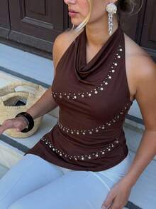 Aloruh Sexy Draped Neck Foil Decor Asymmetrical Hem Fitted Sleeveless Top, Backless Innerwear/Outerwear Tank Top, Shades Of Brown, Y2K, Club, Summer - Coffee Brown - View 7