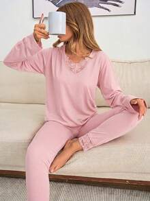 Loomlin 2pcs Cotton V Neck Lace Detail Homewear Set - Baby Pink - View 3