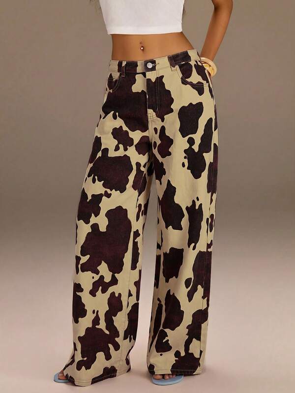 Athîral Denim Women's Casual Low Waist Loose Animal Print Denim Straight Leg Long Pants, Daily Casual Street Fashion