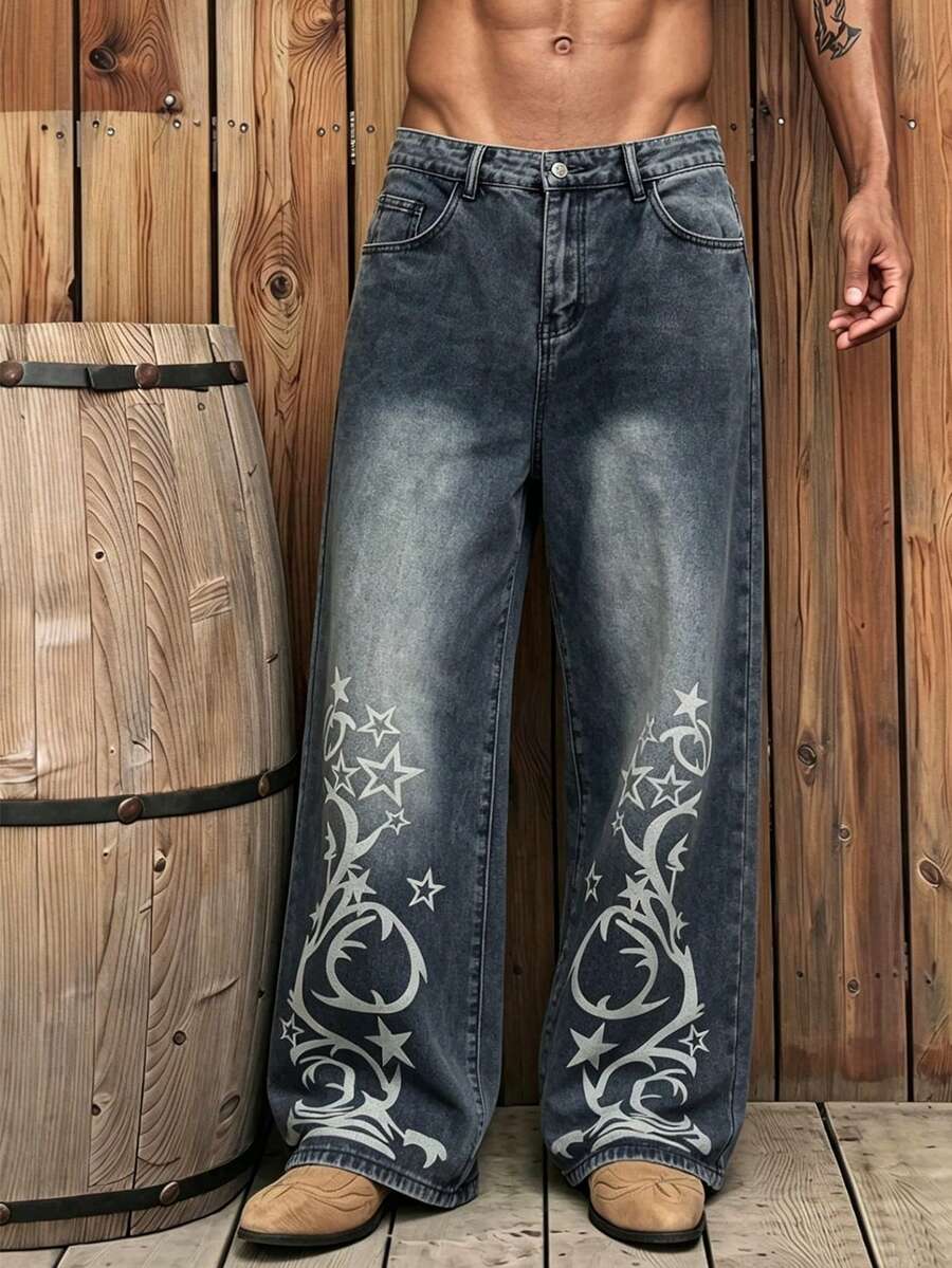Manfinity EMRG Jeans de pierna ancha con estampado de estrellas, bolsillo con cremallera y botón - Azul - Ver 1