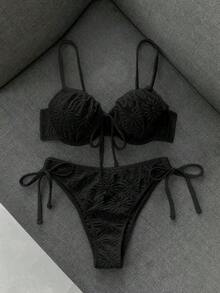 Swim Mod 女款休閒度假海灘派對優雅細肩帶特殊布料純色黃色比基尼兩件式泳衣 夏季新款 - 黑色 - 查看 1