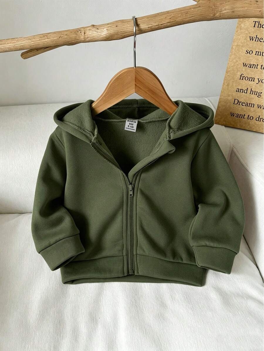 SHEIN Vintaside Kids 女嬰休閒純色保暖內裡連帽拉鍊外套,適合秋冬穿著 - 軍綠色 - 查看 1