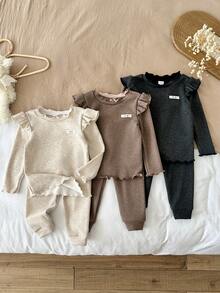 SHEIN 女嬰針織純色字母拼接荷葉邊休閒T恤與長褲6件套 - 彩色 - 查看 4