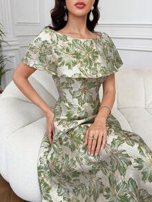 Modelyn Women's Jacquard Elegant Waist-Cinching Mid-Length Party Dinner Dress Sage Green Summer - Dark Green - View 7