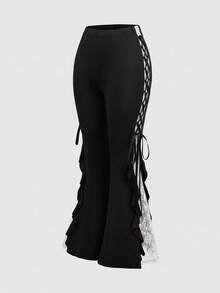 ROMWE Goth 女款復古華麗荷葉邊撞色蕾絲飾邊綁帶喇叭腿長褲 - 黑與白 - 查看 1