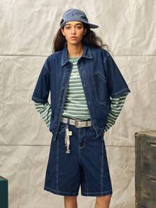 Solid Color Front Button Short Sleeve Shirt And Denim Shorts Casual Suit - Blue - View 6