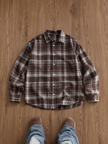 SWAVVY 1pc Ultra Loose Cotton Plaid Print Drop Shoulder Shirt - Khaki - View 3