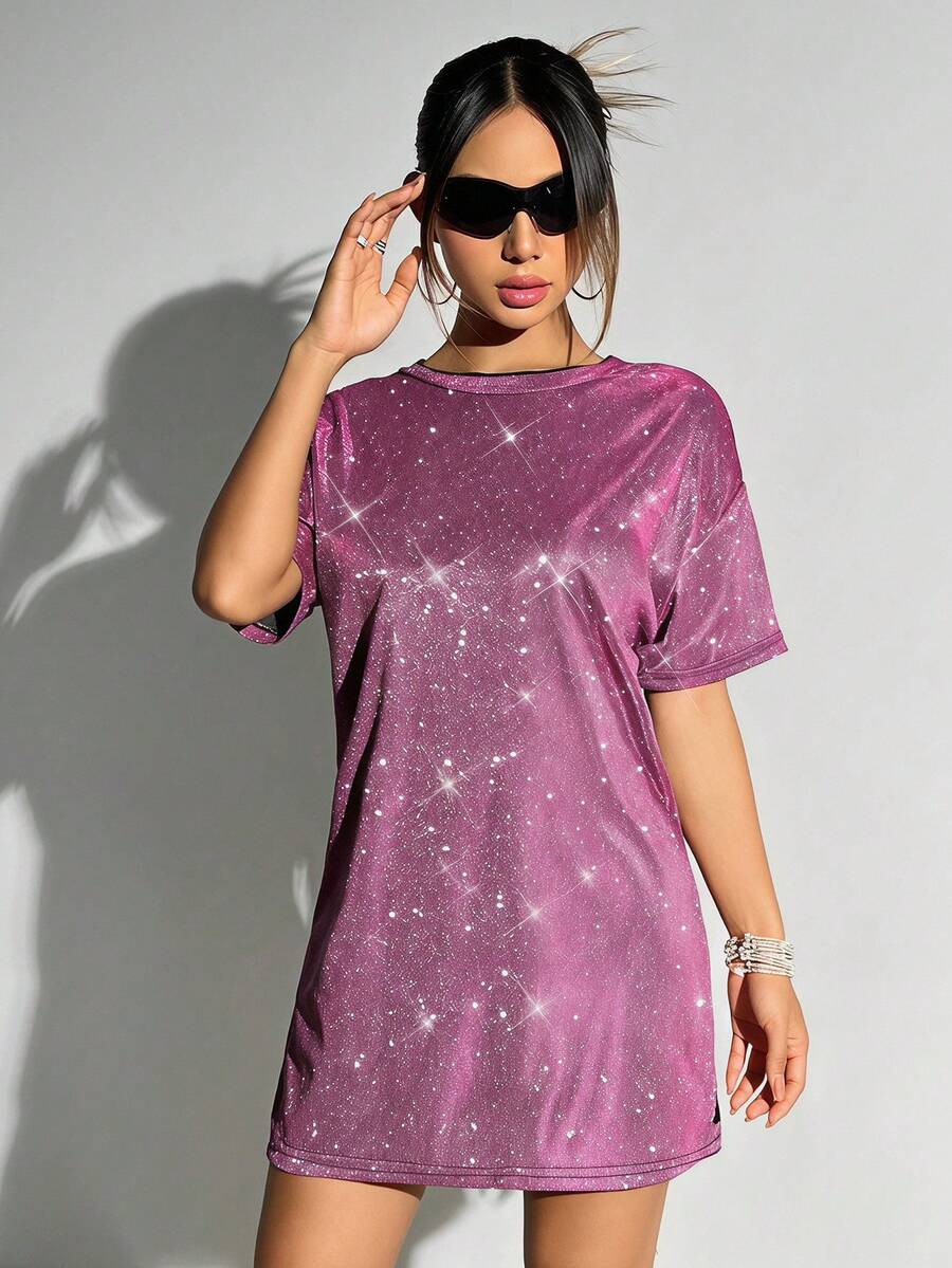 SHEIN ICON 外出超大女款閃光圓領連身裙 - 粉色 - 查看 1