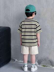 2pcs/Set Young Boys' Casual Striped Print Round Neck Short Sleeve T-Shirt And Solid Color Shorts,Comfortable Versatile Summer Outfit For School Daily - Khaki - View 3