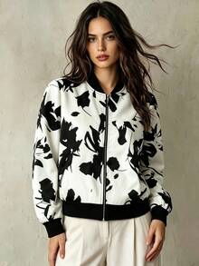 Franclia Women's Elegant Commuter Contrast Color Print Jacket - Black - View 1