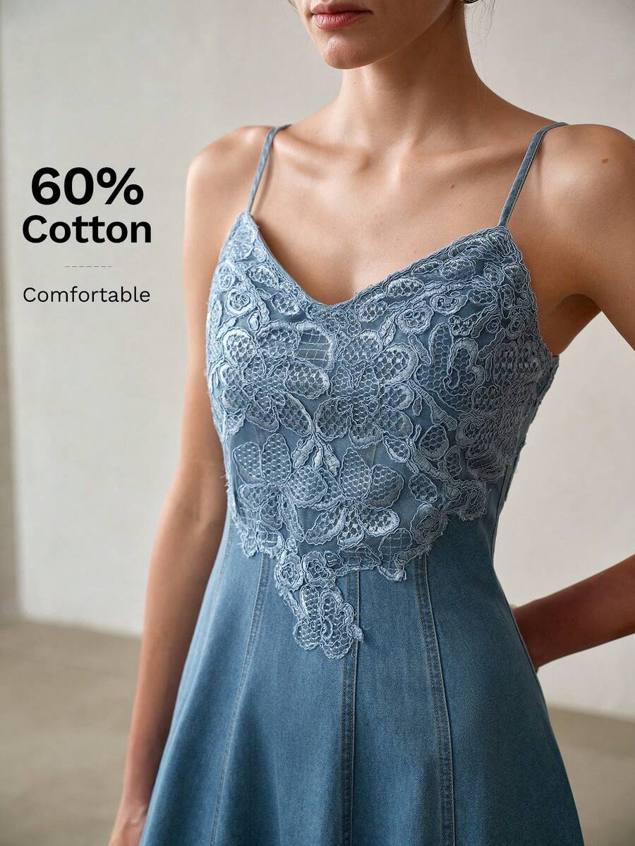 MOTF PREMIUM WOMEN'S CONTRAST LACE WAIST-CINCHED SPAGHETTI STRAP DENIM DRESS