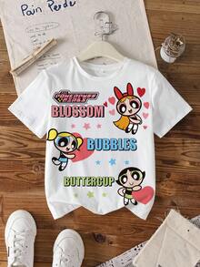 THE POWERPUFF GIRLS X SHEIN 青少年女孩字母卡通印花圓領休閒日常短袖T恤 - 白色 - 查看 1