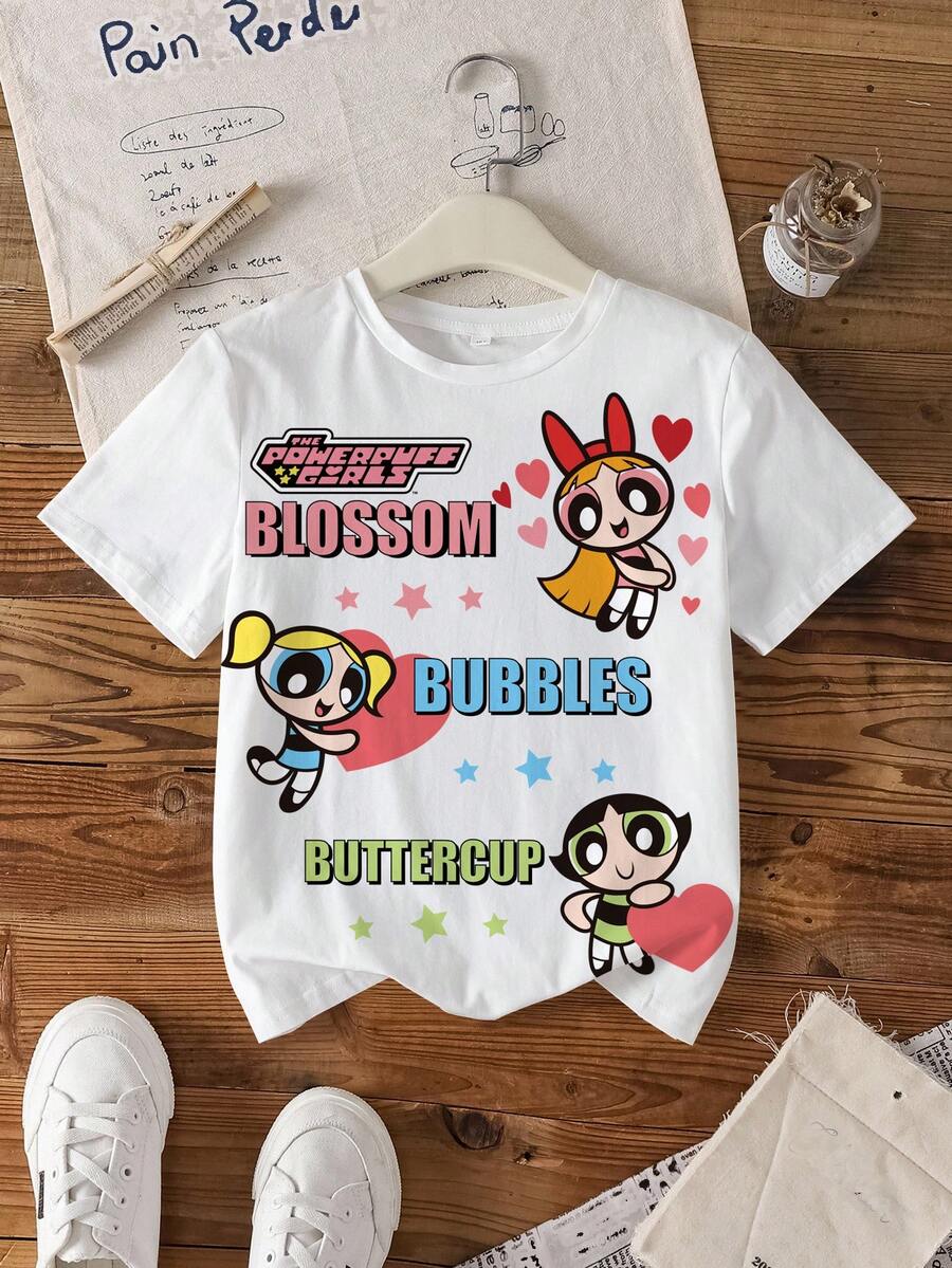 THE POWERPUFF GIRLS X SHEIN 青少年女孩字母卡通印花圓領休閒日常短袖T恤 - 白色 - 查看 1