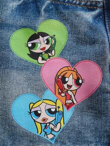 THE POWERPUFF GIRLS X SHEIN Women's Cartoon Pattern Pocket Casual Denim Shorts - Blue - View 5