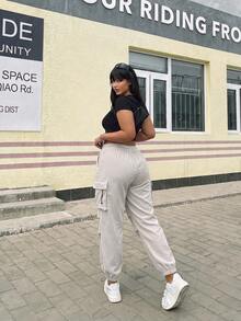 POPSWAY Plus Size Women's Casual Solid Color Multi-Pocket Drawstring Cargo Pants - Apricot - View 6