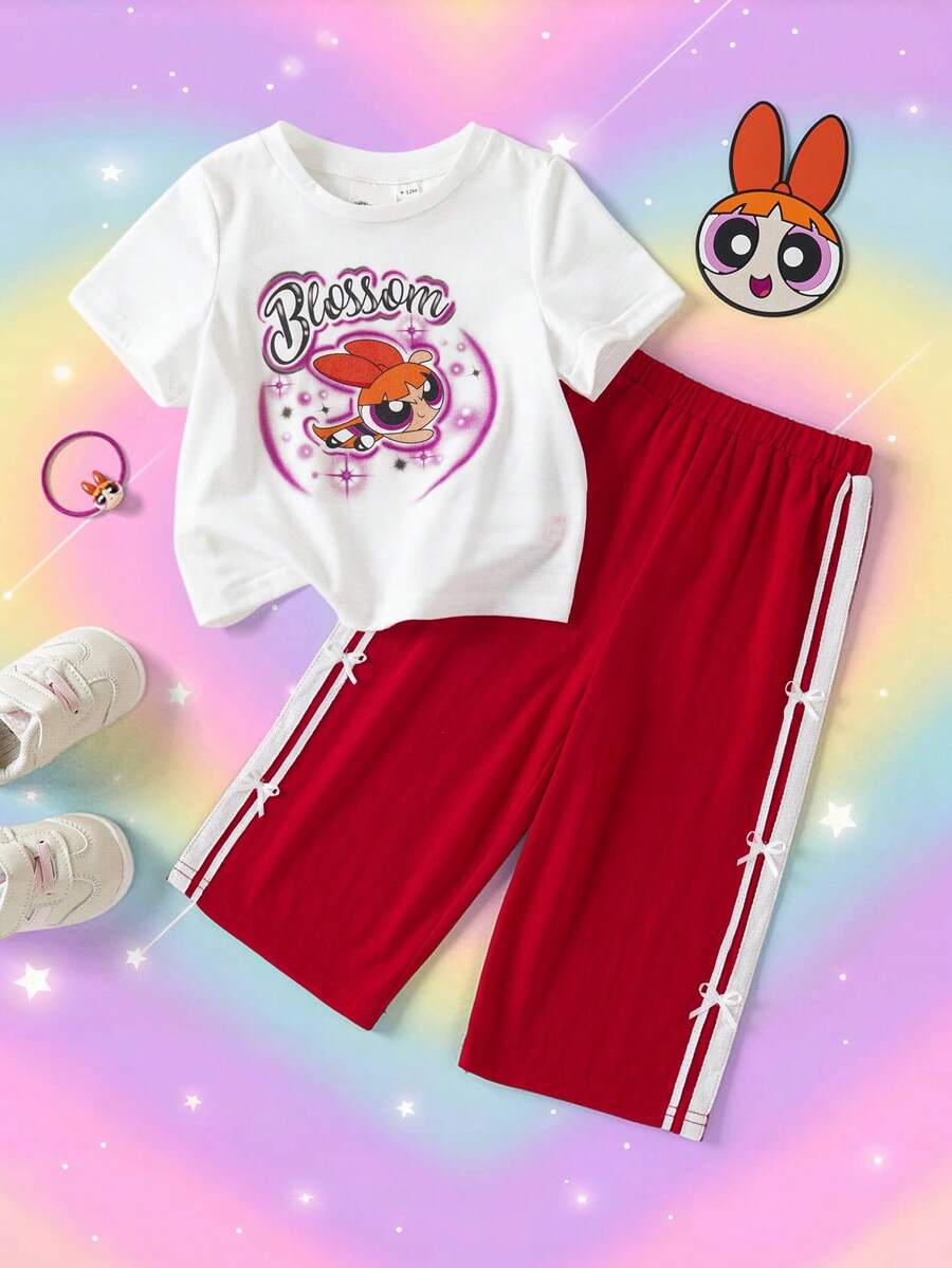 THE POWERPUFF GIRLS X SHEIN 女嬰趣味卡通印花圓領短袖T恤與條紋拼接配色長褲2件套 - 彩色 - 查看 1