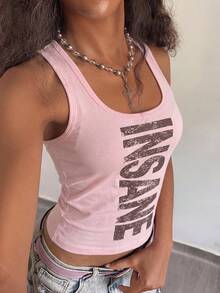 Fiercella Fiercella Women's Spring/Summer U-Neck Pink Wasteland Style Print Slim Fit Comfortable Streetwear Y2K Hot Girl Rock Sexy Tank Top Going Out Night Out Nightout - Baby Pink - View 5