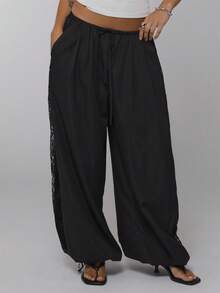 COUREZ Low Rise Lace Detail Parachute Trousers Y2K Autumn Winter For Women Casual Going Out Baggy Pants Fall For Women - Black - View 4