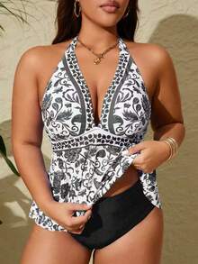 Swim Lushoire Set de 2 piezas Tankini de verano de tallas grandes con estampado de colocación multicolor, tirantes finos y espalda descubierta - Blanco y Negro - Ver 1