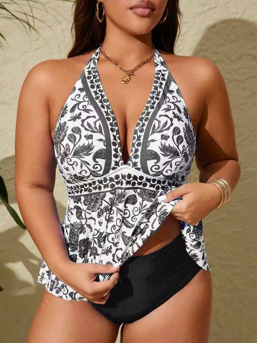 Swim Lushoire Set de 2 piezas Tankini de verano de tallas grandes con estampado de colocación multicolor, tirantes finos y espalda descubierta - Blanco y Negro - Ver 1