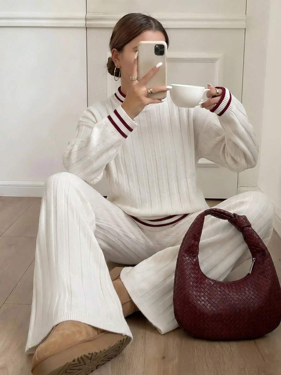 Pariaura Women's Ribbed Striped Long Sleeve Sweater And Knit Pants Set, Soft Style - White - View 1