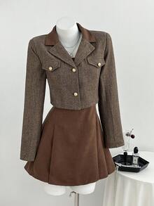 Elamini Women's Elegant Pleated Bandeau Dress And Button Cropped Long Sleeve Blazer Suit Set - Brown - View 3