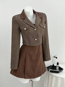 Elamini Women's Elegant Pleated Bandeau Dress And Button Cropped Long Sleeve Blazer Suit Set - Brown - View 5