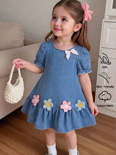 Baby Girl Denim Dress, Summer Thin New Arrival, Cute Playful Sweet Street Fashion Design, Medium Wash Blue, Simple Basic Puff Sleeve Bow Flower Patchwork Ruffle Hem Non-Stretch Loose Denim Dress, Soft Comfortable Cotton Denim Fabric, Daily Wear, Outings, Parties, School, Home, Commuting, 2026 Summer New