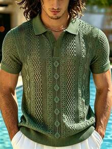 TONEVAULT Men's Hollow Design Short Sleeve Polo Collar T-Shirt - Army Green - View 6