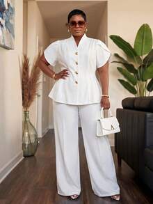 Slaydiva Early Autumn New Arrival Elegant White Fitted Short Sleeve Petal Waist-Cinching A-Line Blazer With Metal Button Decor And Matching Extra Long Pants Women's Plus Size Suit Set For Concert, Party, Wedding Season, Cocktail, Date, Birthday Gathering - White - View 4