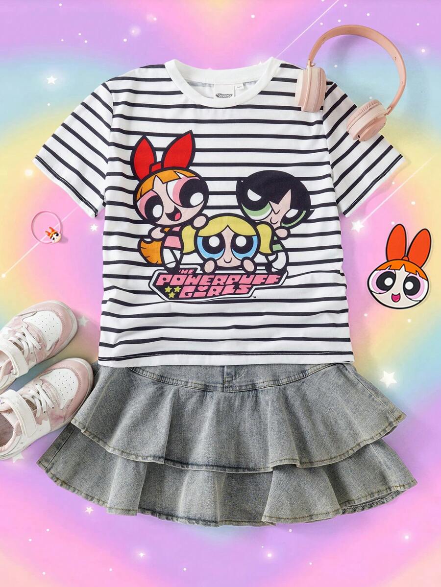 THE POWERPUFF GIRLS X SHEIN 青少年女孩條紋卡通印花T恤 - 白色 - 查看 1
