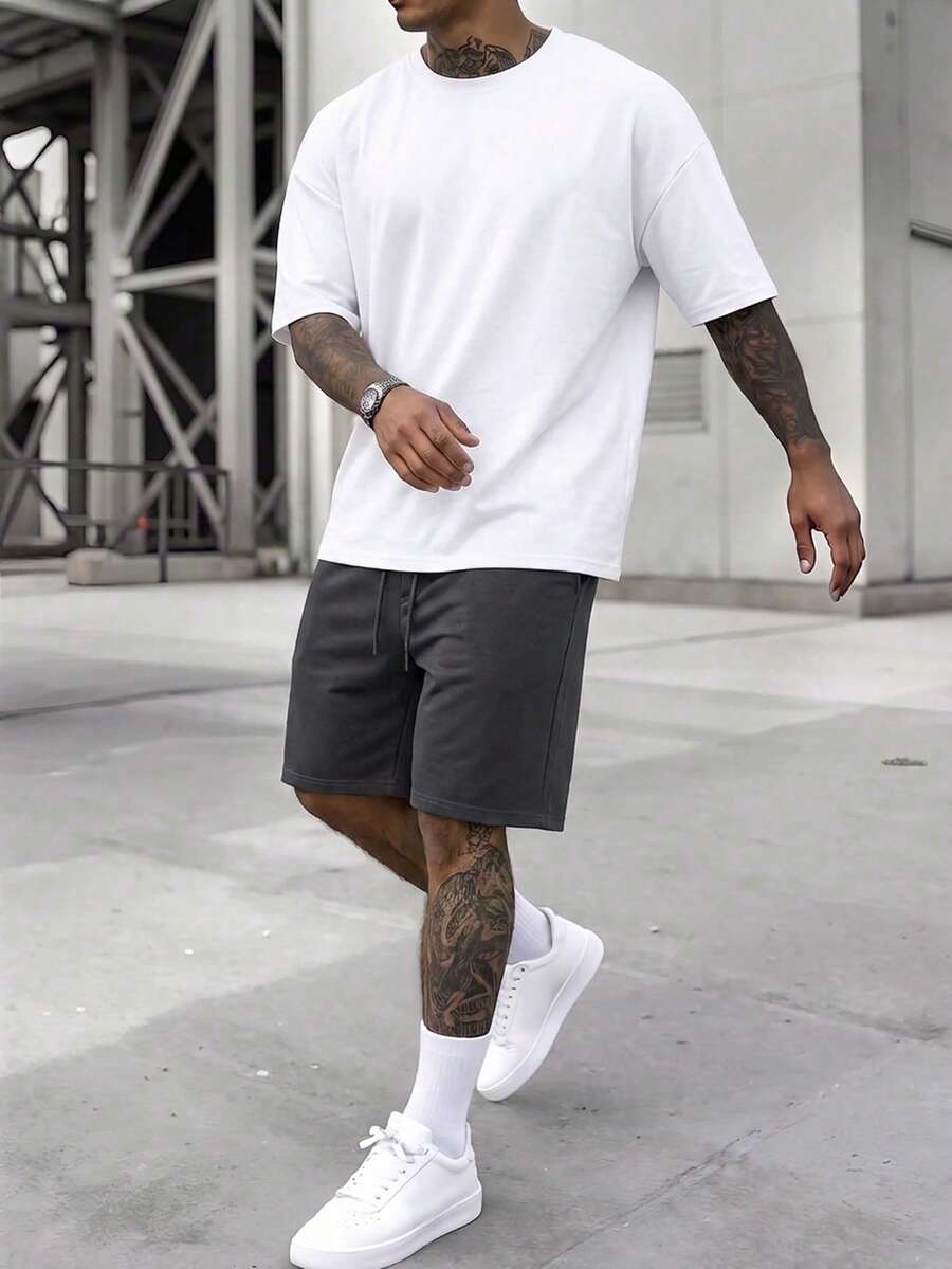 Manfinity CasualCool Men's Spring/Summer Short Sleeve T-Shirt And Shorts Set, Multi-Color Wrinkle-Resistant Fabric, Mature Casual Style For Daily Streetwear - Multicolor - View 1