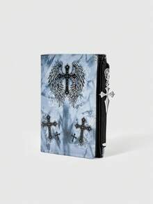 ROMWE 1Pc Gothic Dark Neutral Wallet Feather Cross Creative Design Pattern Punk Cross Zipper Change Bag, Gray Casual Fashion Card Bag - Grey cross - View 3
