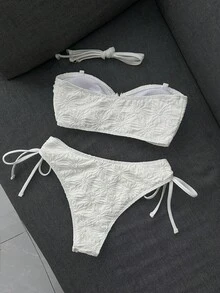 Sunnyshic 女款休閒度假海灘派對優雅細肩帶特殊面料純色比基尼兩件式泳衣 夏季新款 - 白色 - 查看 4