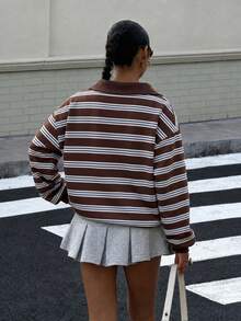 Muchica 女款 Polo 領長袖寬鬆運動衫，休閒極簡運動街頭風，百搭派對機場 Y2K 上衣，棕色與藍色條紋學院風印花圖案，女款外出穿搭，夏季 - 彩色 - 查看 2
