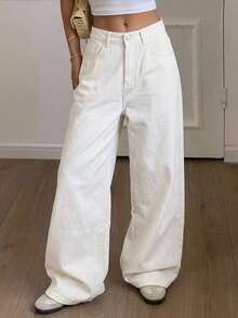 DAZY Tween Girl Casual Versatile Solid Color Wide Leg Denim Jeans - White - View 9