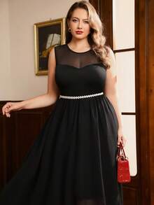 SHEIN Clasi Plus Size Elegant Round Neck Sleeveless A-Line Waist Dress For Women - Black - View 5