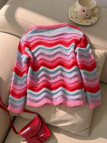 SHEIN Genkimix Kids Girls' Gradient Wave Pattern Cute Thin Knit Sweater - Multicolor - View 2