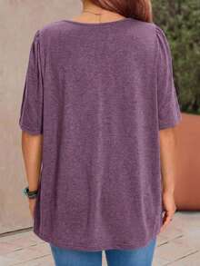 EMERY ROSE Plus Size Casual Versatile Ruched Round Neck Short Sleeve T-Shirt For Daily Wear - Purple - View 2