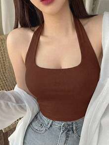 DAZY 女款修身細肩帶露背背心短版上衣，性感風格，適合夏季、春季、秋季音樂節、度假與街頭穿搭 - 棕色 - View 7