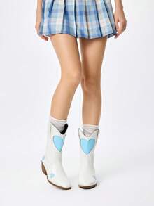 ROMWE Fairycore 女款白色西式靴子，尖頭V領藍色愛心刺繡粗跟靴，低跟木底鞋，拉鍊騎士靴與短靴春季系列 - 白色+愛心鏤空 - 查看 2