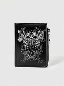 ROMWE Goth 1 pieza Monedero gótico oscuro neutro con diseño creativo de alas y cruz, bolsa de cambio con cremallera estilo punk, bolsa de tarjetas de moda casual - Cruz Alada Negra - Ver 1